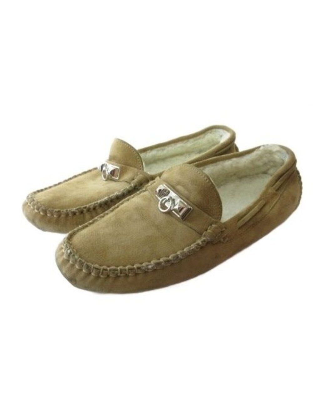 Hermes Driving Shoes Loafers Suede Fleece Beige
